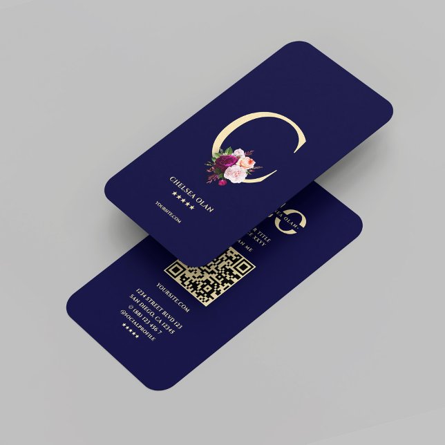 Modern Monogram C Blommigt Midnight Blue Guld Visitkort (Modern Monogram C Floral Midnight Blue Gold Business Card
)