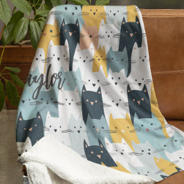 Modern Monogram Cat Mönster Blue Gult White Fleecefilt