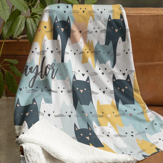 Modern Monogram Cat Mönster Blue Gult White Fleecefilt (Skapare uppladdad)