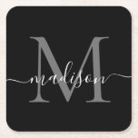 Modern Monogram Classic Black Grått Namn Underlägg Papper Kvadrat<br><div class="desc">Elegant Modern Personlig Black Silver Grått Monogram Script Namn Initial Papper Underlägg</div>