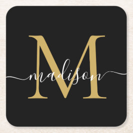 Modern Monogram Classic Black Guld Namn Underlägg Papper Kvadrat