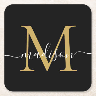 Modern Monogram Classic Black Guld Namn Underlägg Papper Kvadrat