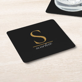 Modern Monogram Classic Svart Guld Script Namn Underlägg Papper Kvadrat