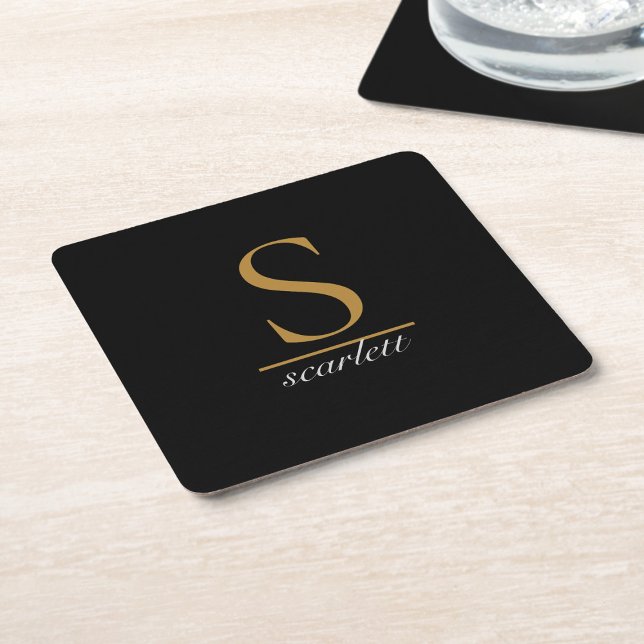 Modern Monogram Classic Svart Guld Script Namn Underlägg Papper Kvadrat (Skapare uppladdad)