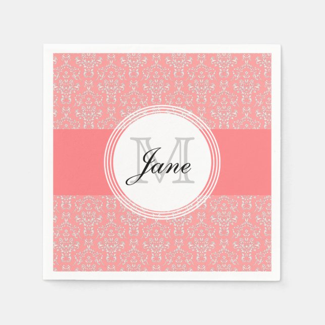 Modern Monogram Damask Napkin Coral Pappersservett (Framsidan)