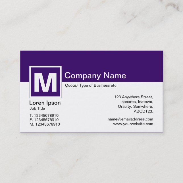 Modern Monogram - djup Lila och vit Visitkort (Framsida)