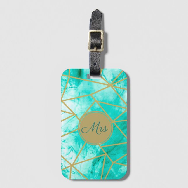 Modern monogram Elegant Aqua Blue Watercolor Guld Bagagebricka (Framsida vertikal)