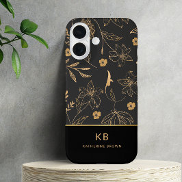 Modern Monogram Elegant Black Gold Floral Pattern