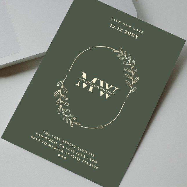 Modern Monogram Elegant bröllop Mörk grönt Guld Inbjudningar (Modern Monogram Elegant Wedding Dark Green Gold Invitation
)
