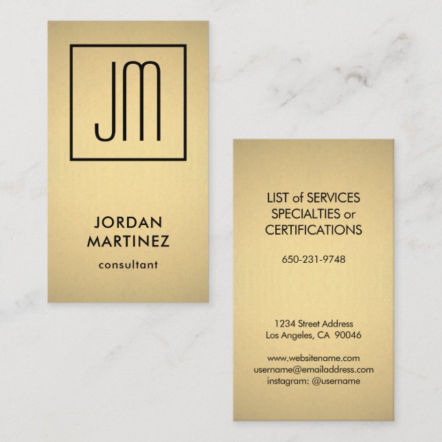 Modern monogram Elegant Faux Gold Foil & Black Visitkort (Fram/baksida)