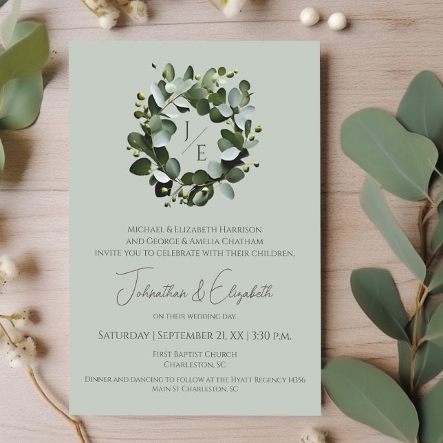 Modern monogram Eucalyptus-andekrans | Sage Grönt Inbjudningar (Sage Green Modern Monogram Eucalyptus Wreath Wedding Invitation)