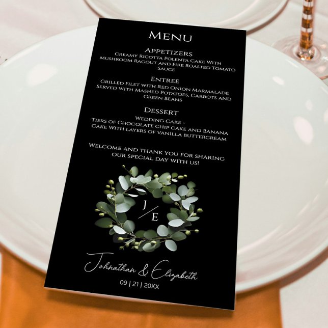 Modern monogram Eucalyptus-andekrans | Svart Meny (Black Modern Monogram Eucalyptus Wreath Wedding Menu)