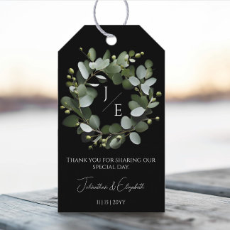Modern monogram Eucalyptus-andekrans | Svart Presentetikett
