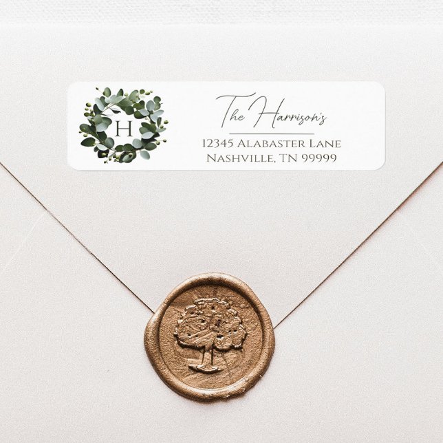 Modern monogram Eucalyptus-andekrans | Vit Returadress Etikett (White Modern Monogram Eucalyptus Wreath Wedding Address Label)