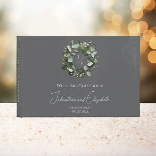 Modern Monogram Eucalyptus Wandefrand Bröllop Gråt Gästböcker