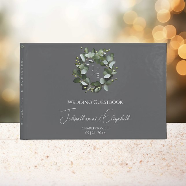 Modern Monogram Eucalyptus Wandefrand Bröllop Gråt Gästböcker (Gray Modern Monogram Eucalyptus Wreath Wedding Guestbook)