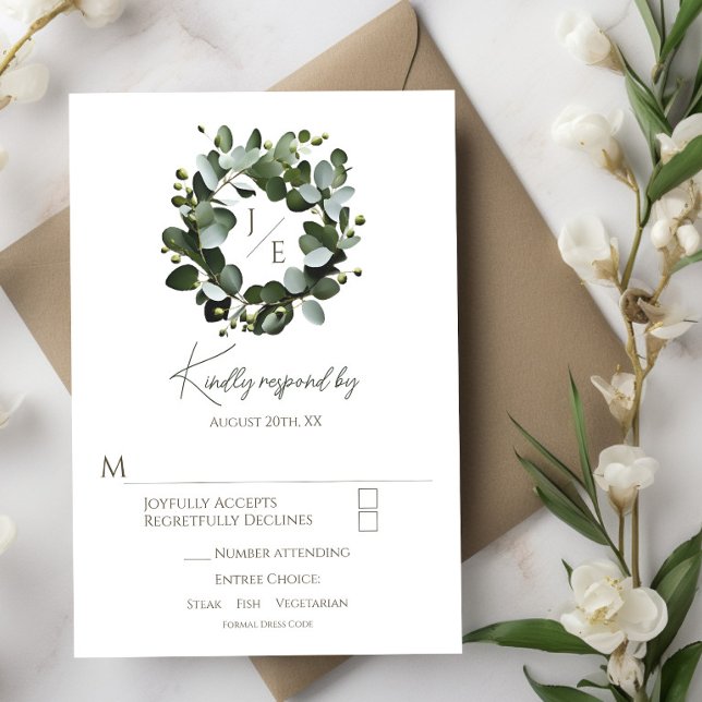 Modern monogram Eucalyptus Wandefrand Bröllop | Vi OSA Kort (White Modern Monogram Eucalyptus Wreath Wedding RSVP)