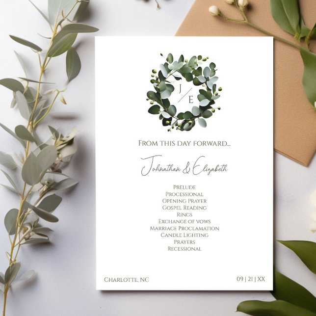Modern monogram Eucalyptus Wandefrand Bröllop | Vi Program (White Modern Monogram Eucalyptus Wreath Wedding Program)