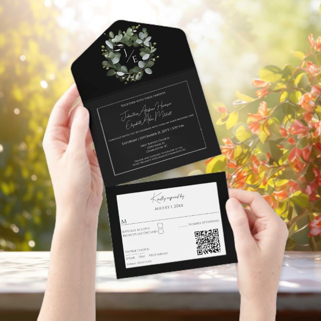 Modern Monogram Eucalyptus Wandningssvart (Black Modern Monogram Eucalyptus Wreath All in One Wedding Invitation)