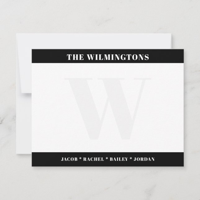 Modern Monogram Family Black and White Stationery Anteckningskort (Framsida)
