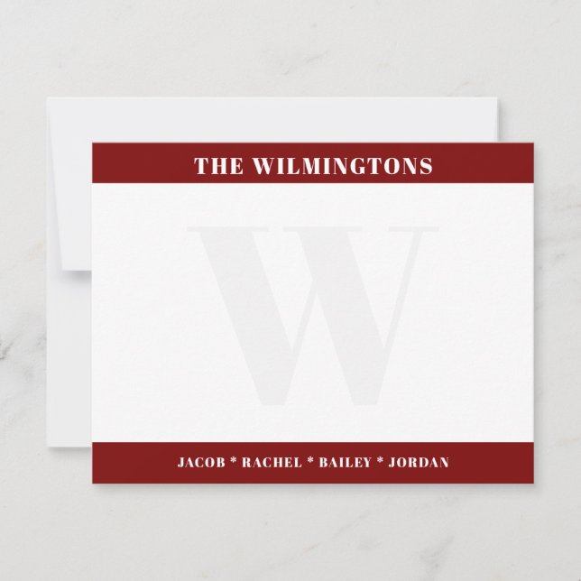 Modern Monogram Family Names Dark Red Stationery Anteckningskort (Framsida)