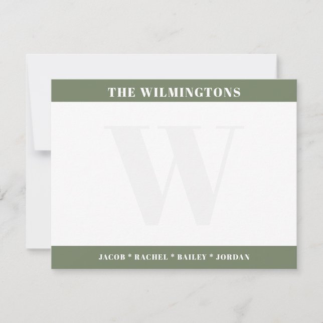 Modern Monogram Family Names Sage Green Stationery Anteckningskort (Framsida)
