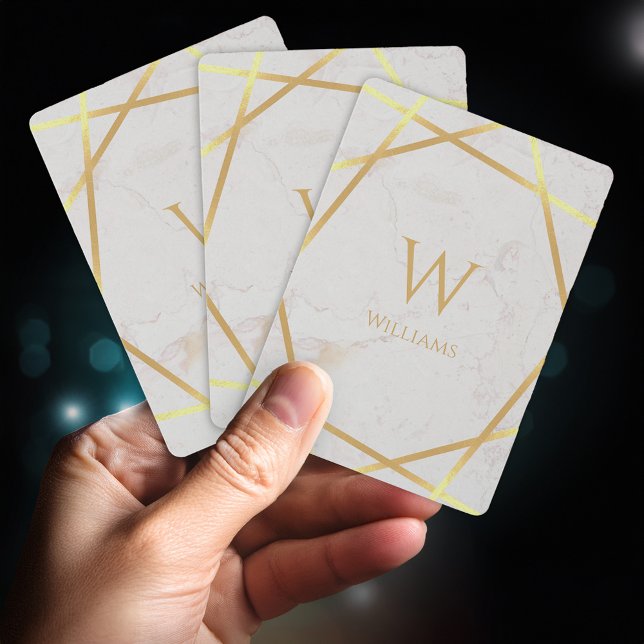 Modern Monogram Faux Guld Foil Linjer White Marble Casinokort (Skapare uppladdad)