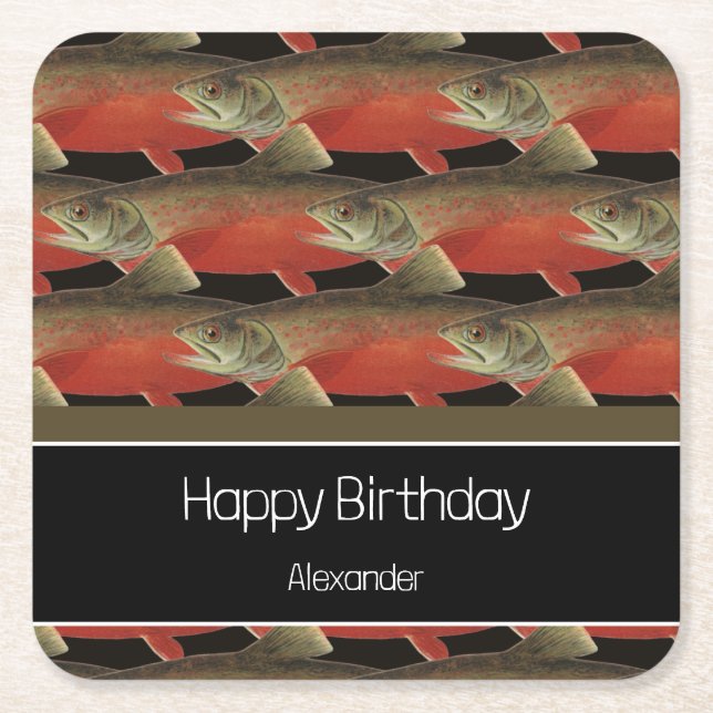 Modern Monogram Fish Salmon Design Black Red Underlägg Papper Kvadrat (Framsidan)