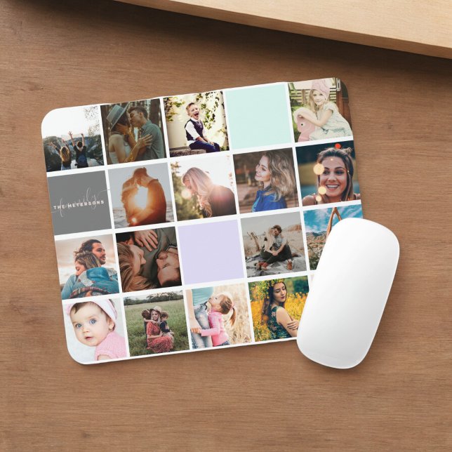 Modern monogram för familjen 16 fotosoringsnät musmatta (Modern monogram your family 16 photo collage grid mouse pad)