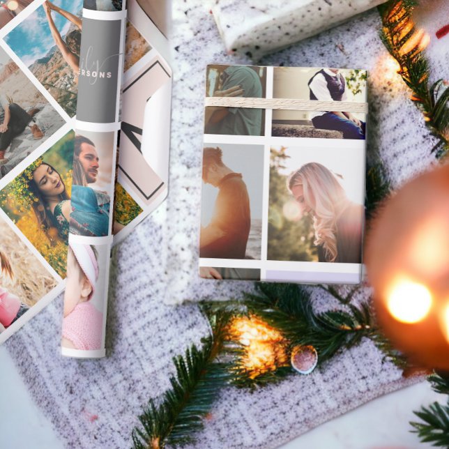 Modern monogram för familjen 16 fotosoringsnät presentpapper (Modern monogram your family 16 photo collage grid wrapping paper)