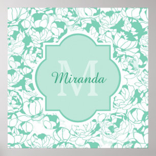 Modern Monogram för Mintgröntblommigt flickaktig Poster