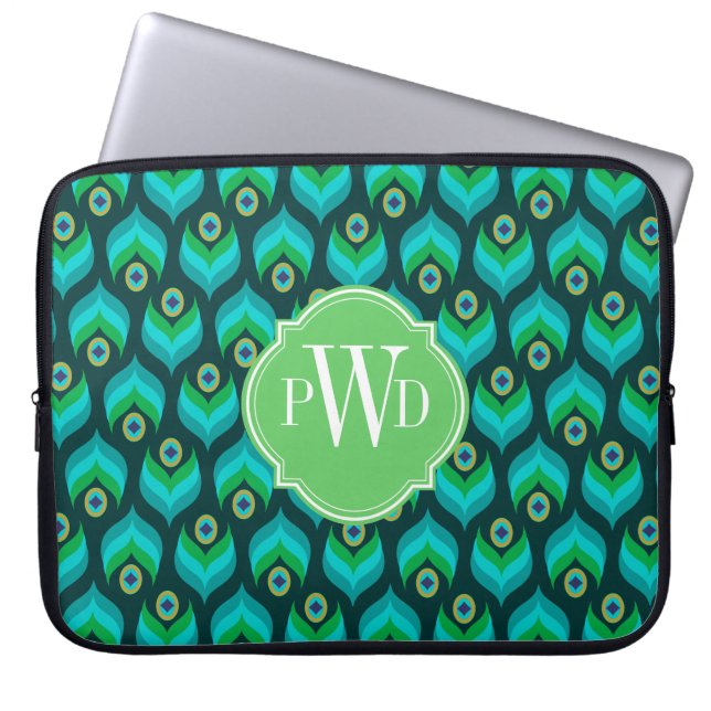 Modern Monogram för påfågelfjädermönster Laptop Sleeve (Framsidan)