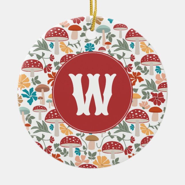 Modern Monogram för svampar och Blommigt under årh Julgransprydnad Keramik (Framsidan)