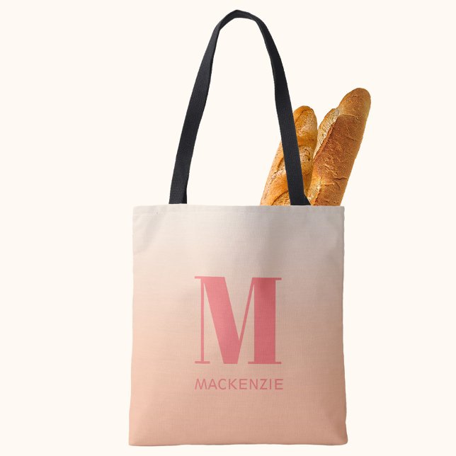 Modern monogram första Namn-persikofärgad gradient Tygkasse (Peach gradient modern monogram name personalized tote bag)