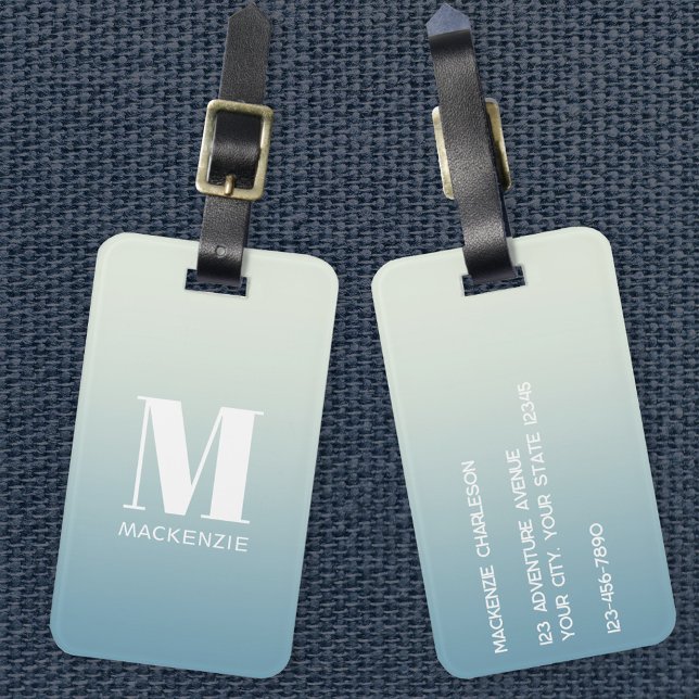 Modern monogram första Namn Teal Aqua-gradient Bagagebricka (Simple modern monogram name personalized teal aqua gradient luggage tag)