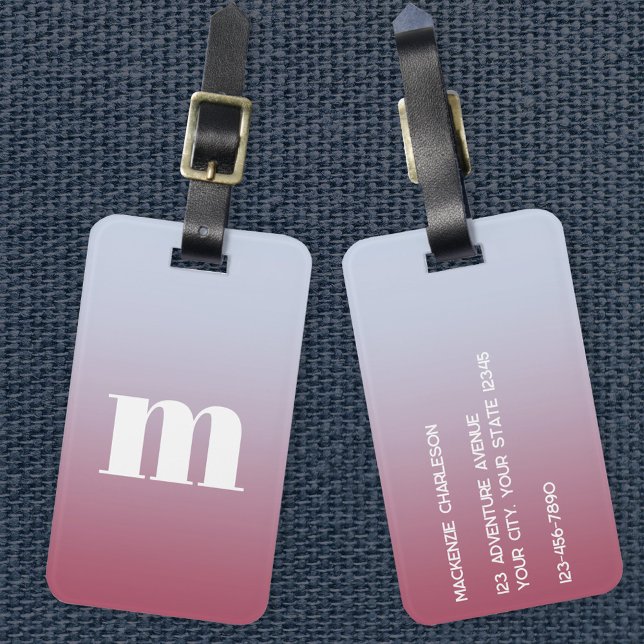 Modern monogram - första Rosa - blå gradient Bagagebricka (Simple modern monogram personalized raspberry pink to pale blue gradient luggage tag)