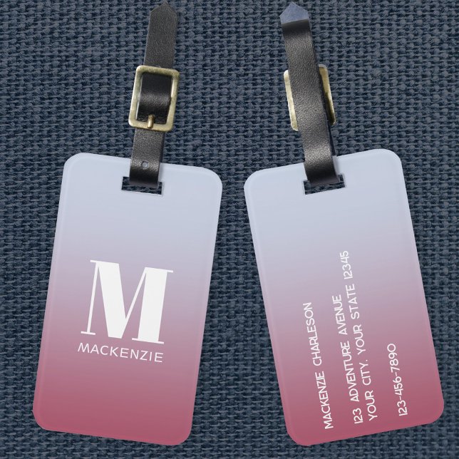 Modern monogram - första Rosa i Namn - blå gradien Bagagebricka (Simple modern monogram name personalized pink blue gradient luggage tag)
