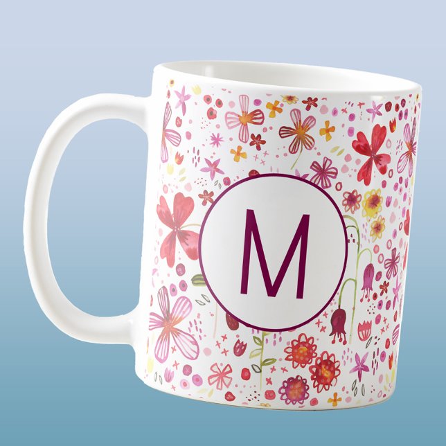Modern Monogram - första Wildblommans vattenfärg Kaffemugg (Personalized monogram initial watercolor wildflower botanical floral coffee mug)