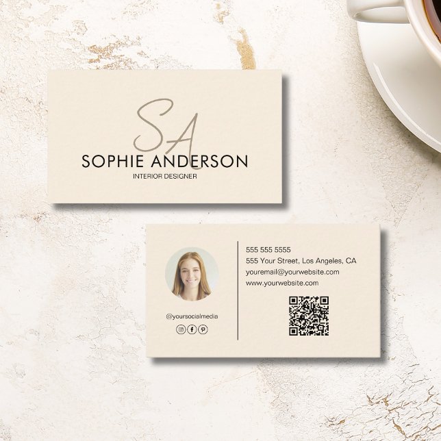 Modern Monogram Foto QR Kräm Professional Visitkort (Modern Monogram Photo QR Cream Professional Business Card)