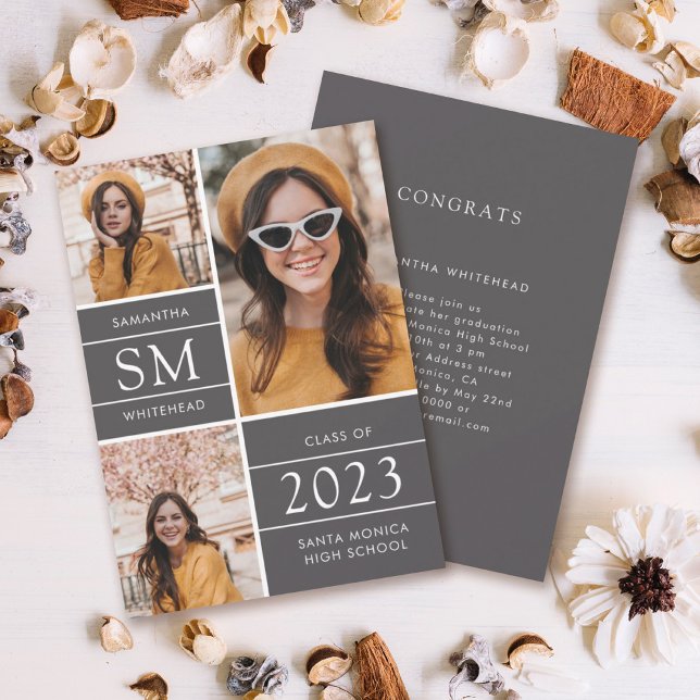 Modern Monogram Fotokollage Grå Examen Meddelande (Skapare uppladdad)