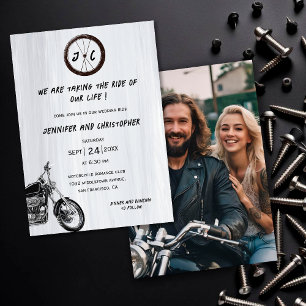 Modern monogram fotopmotorcykel Äventyr Bröllop Inbjudningar