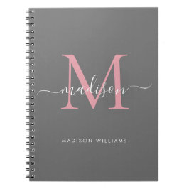 Modern monogram Grått  Rosa Girly Script Namn Anteckningsbok