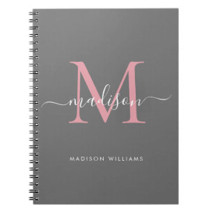 Modern monogram Grått Rosa Girly Script Namn Anteckningsbok
