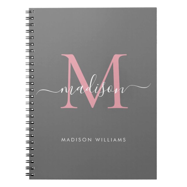 Modern monogram Grått  Rosa Girly Script Namn Anteckningsbok (Framsidan)