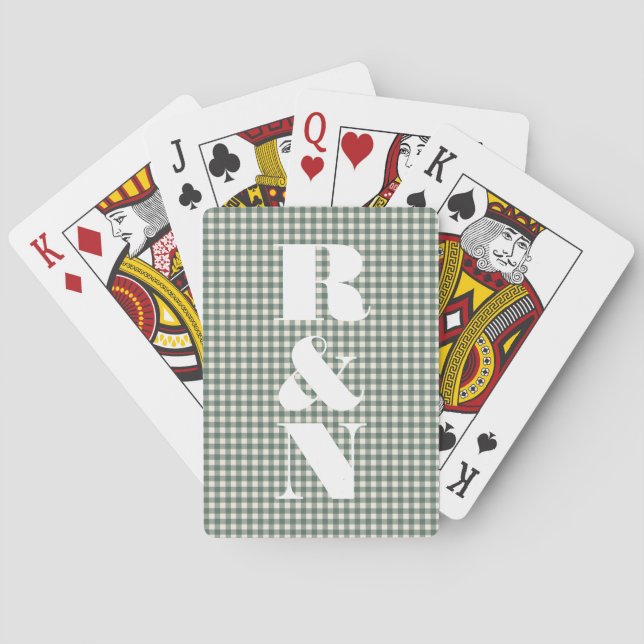 Modern Monogram Green Gingham Custom Wedding Casinokort (Baksidan)