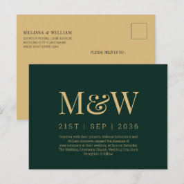 Modern monogram Grönt Guld bröllopsinbjudan Vykort