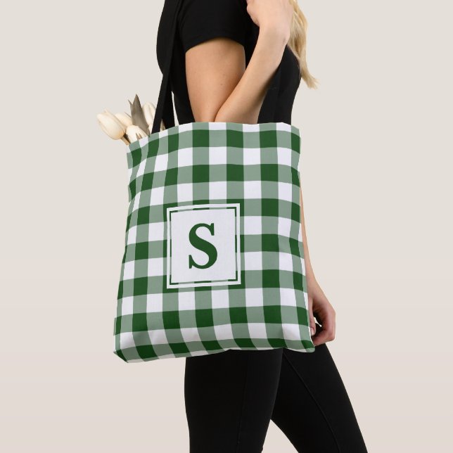 Modern Monogram-Grönt och White Gingham Mönster Tygkasse (Närbild)