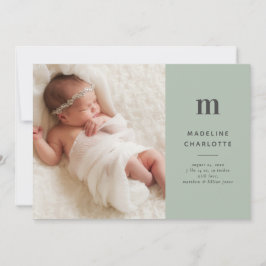 Modern Monogram Grönt Photo Birth Meddelande