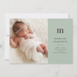 Modern Monogram Grönt Photo Birth Meddelande