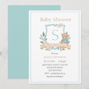 Modern Monogram Grönt Vapensköld Greenery Baby Inbjudningar